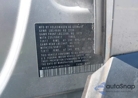 2018 Volkswagen Tiguan Limited 2.0T from USA, damaged, VIN WVGAV7AX4JK001874